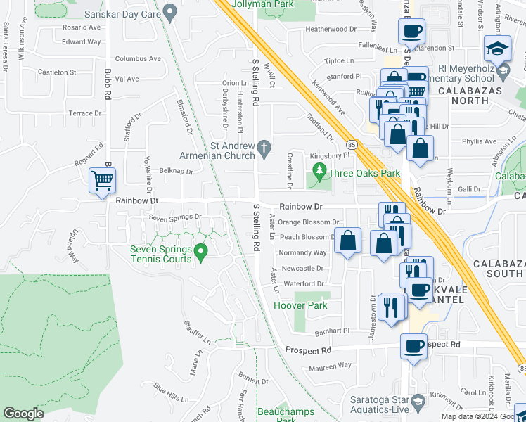 map of restaurants, bars, coffee shops, grocery stores, and more near 1258 South Stelling Road in Cupertino