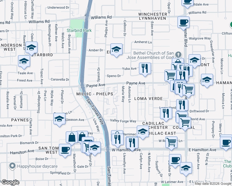 map of restaurants, bars, coffee shops, grocery stores, and more near 1333 Maria Way in San Jose