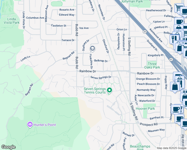 map of restaurants, bars, coffee shops, grocery stores, and more near 11519 Rock Spring Court in Cupertino
