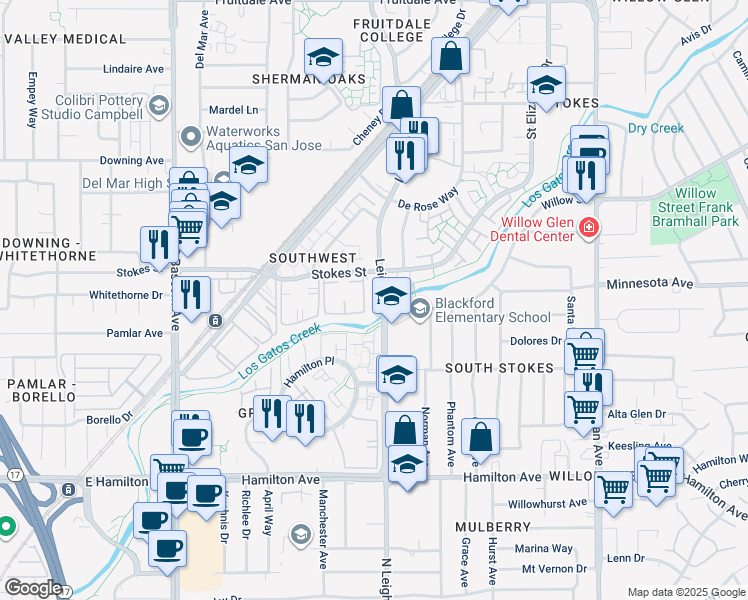 map of restaurants, bars, coffee shops, grocery stores, and more near 1299 Leigh Avenue in San Jose
