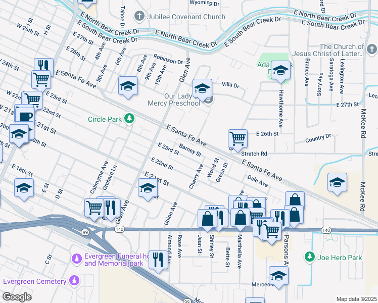map of restaurants, bars, coffee shops, grocery stores, and more near 958 Barney Street in Merced