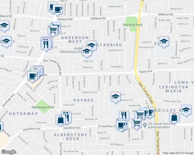 map of restaurants, bars, coffee shops, grocery stores, and more near 3927 Caxton Court in San Jose