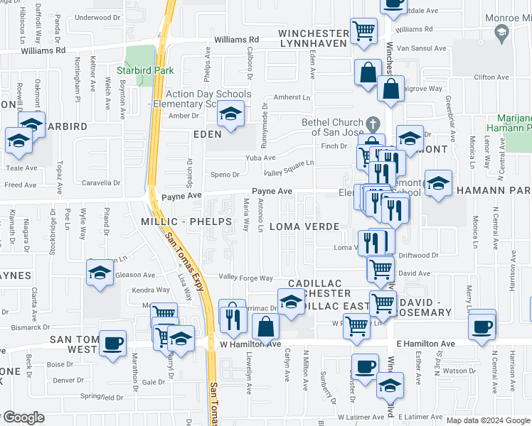 map of restaurants, bars, coffee shops, grocery stores, and more near 1336 Antonio Lane in San Jose