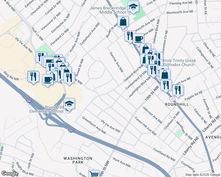 map of restaurants, bars, coffee shops, grocery stores, and more near 2518 Oakland Boulevard Northwest in Roanoke