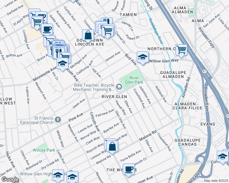 map of restaurants, bars, coffee shops, grocery stores, and more near 1679 Juanita Avenue in San Jose
