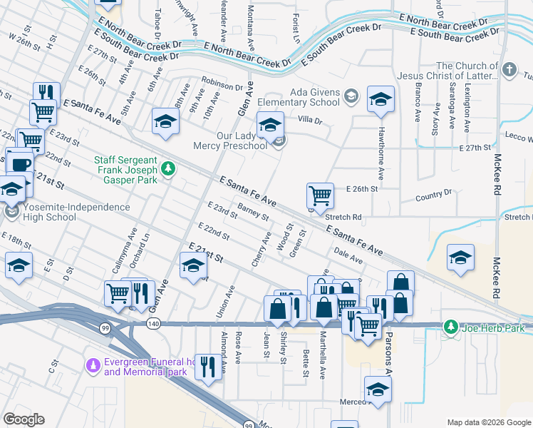 map of restaurants, bars, coffee shops, grocery stores, and more near 1077 Barney Street in Merced