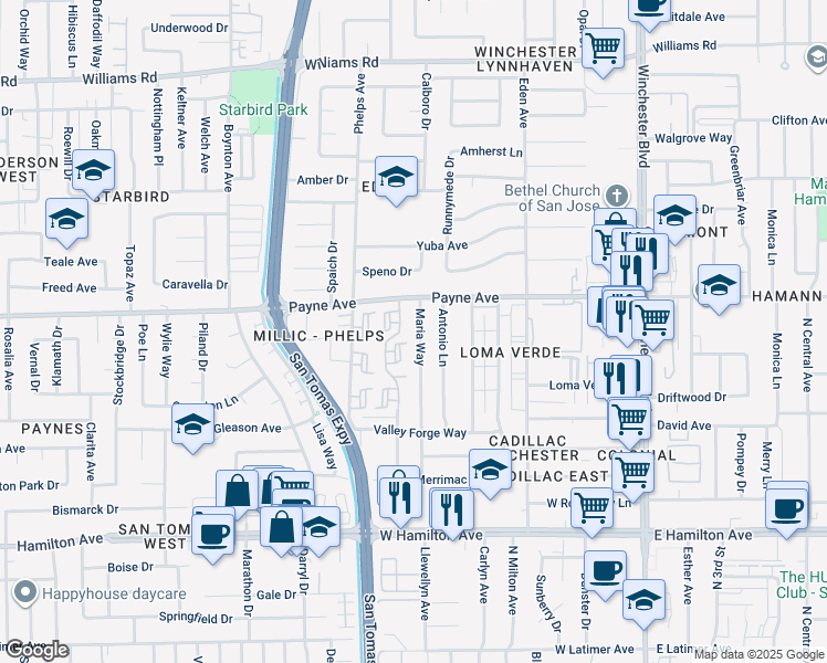 map of restaurants, bars, coffee shops, grocery stores, and more near 1333 Maria Way in San Jose