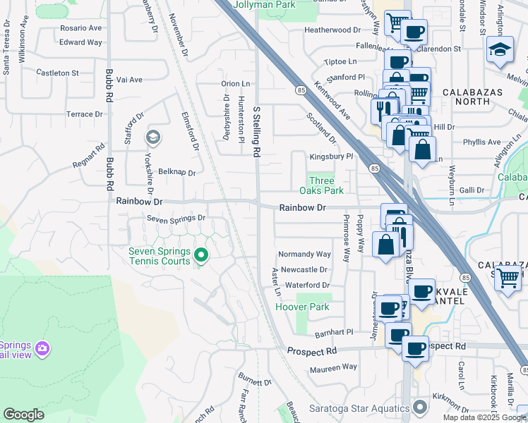 map of restaurants, bars, coffee shops, grocery stores, and more near 1258 South Stelling Road in Cupertino