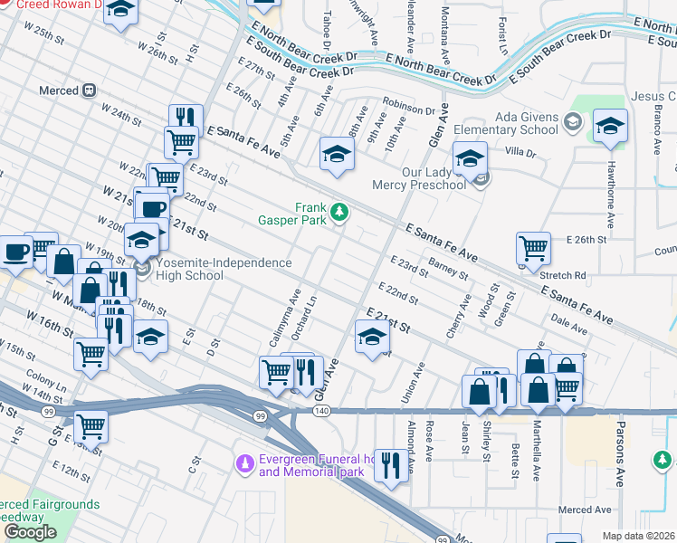 map of restaurants, bars, coffee shops, grocery stores, and more near 540 East 22nd Street in Merced