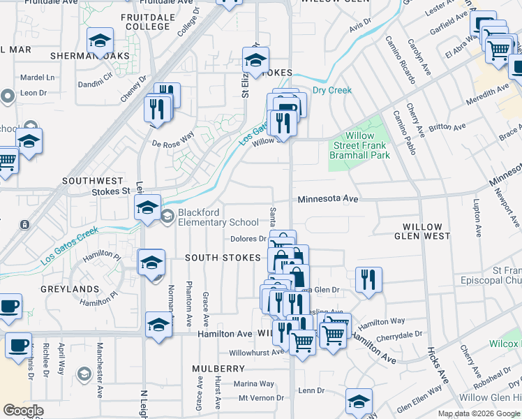 map of restaurants, bars, coffee shops, grocery stores, and more near 1688 Isabel Drive in San Jose