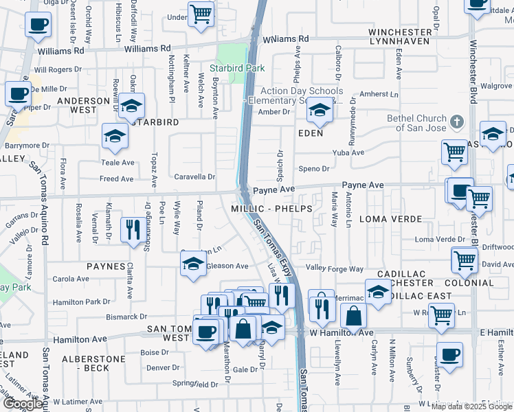map of restaurants, bars, coffee shops, grocery stores, and more near 3596 Payne Avenue in San Jose