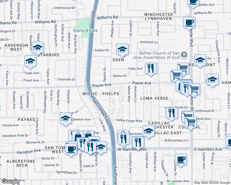 map of restaurants, bars, coffee shops, grocery stores, and more near 1348 Merrivale West Square in San Jose