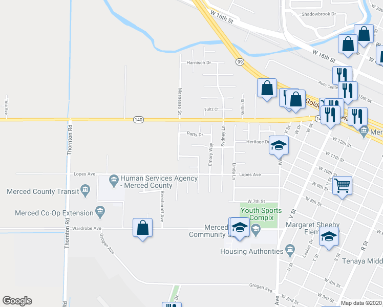 map of restaurants, bars, coffee shops, grocery stores, and more near 2041 Lynmarie Drive in Merced