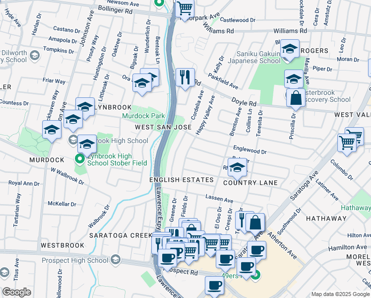 map of restaurants, bars, coffee shops, grocery stores, and more near 1325 Happy Valley Avenue in San Jose