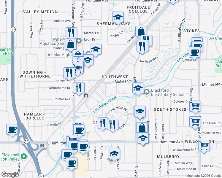 map of restaurants, bars, coffee shops, grocery stores, and more near 1800 Stokes Street in San Jose