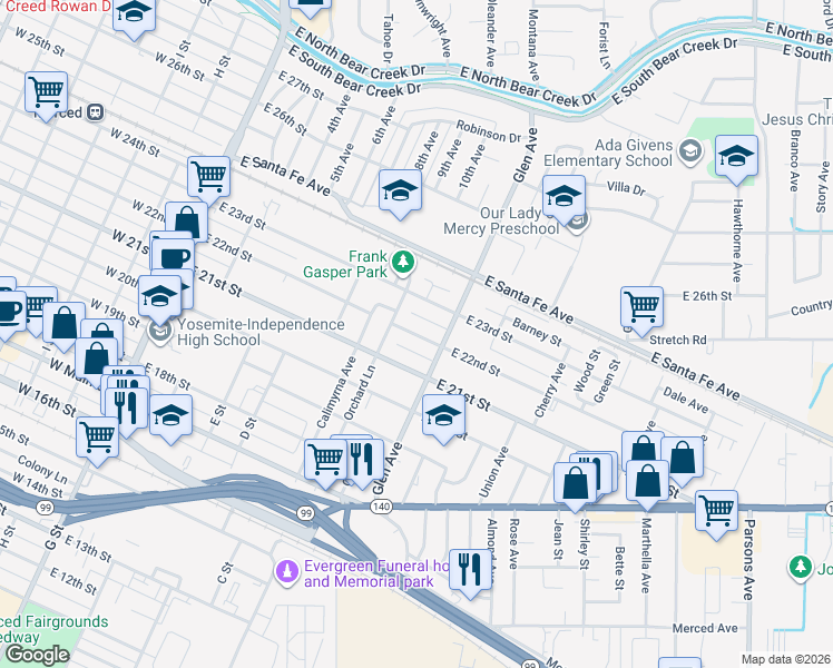 map of restaurants, bars, coffee shops, grocery stores, and more near 540 East 22nd Street in Merced