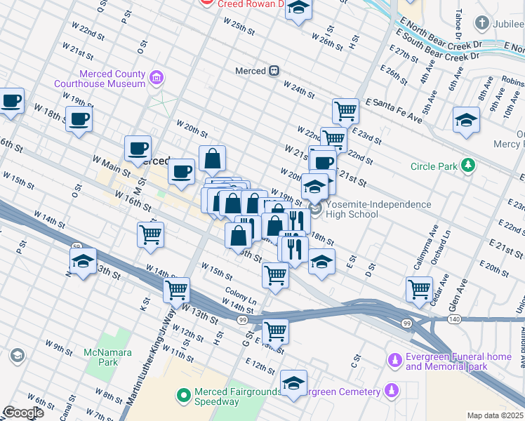 map of restaurants, bars, coffee shops, grocery stores, and more near 115 West 18th Street in Merced