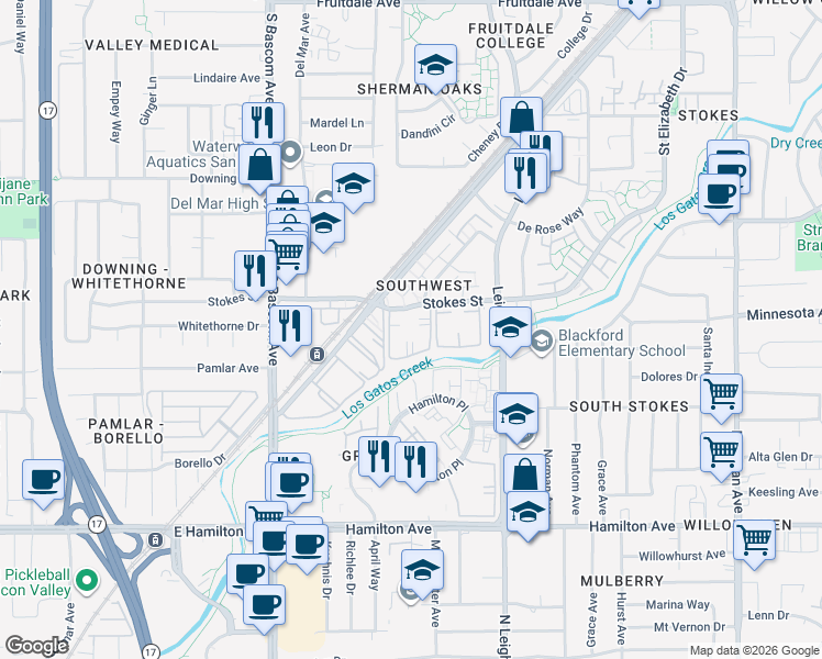 map of restaurants, bars, coffee shops, grocery stores, and more near 1800 Stokes Street in San Jose