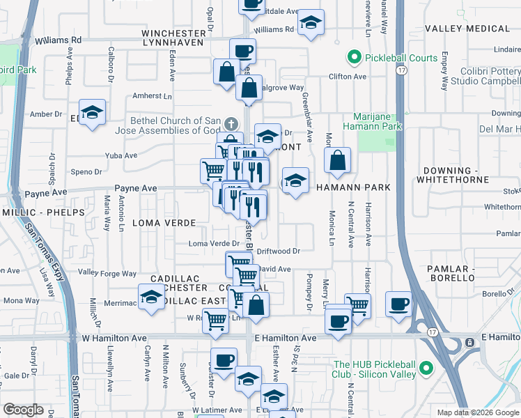 map of restaurants, bars, coffee shops, grocery stores, and more near 1331 Castlemont Avenue in San Jose