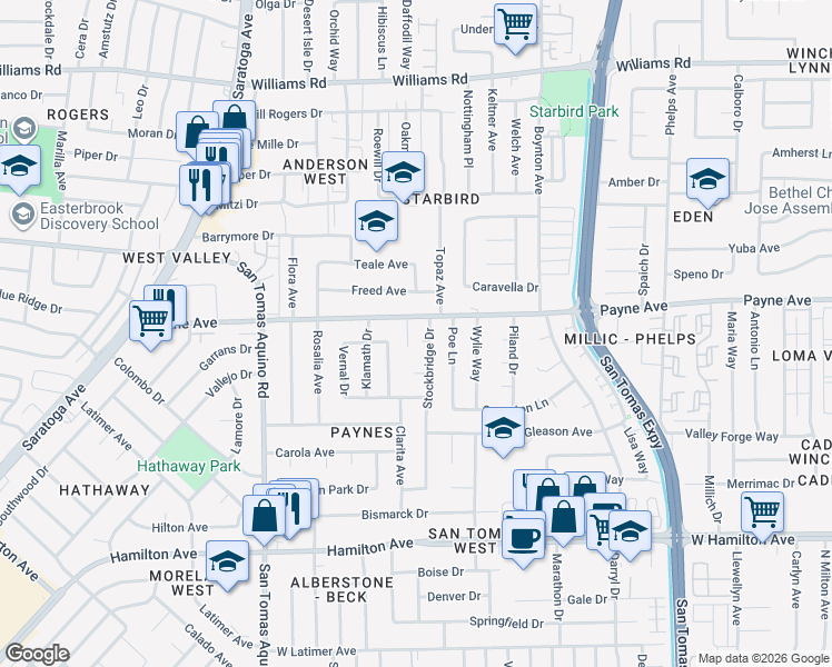 map of restaurants, bars, coffee shops, grocery stores, and more near 3927 Caxton Court in San Jose