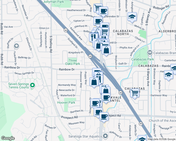 map of restaurants, bars, coffee shops, grocery stores, and more near 7424 Rainbow Drive in Cupertino