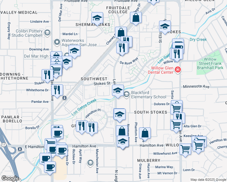 map of restaurants, bars, coffee shops, grocery stores, and more near 1299 Leigh Avenue in San Jose