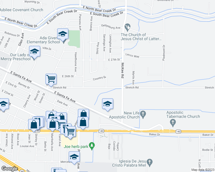 map of restaurants, bars, coffee shops, grocery stores, and more near 2015 Stretch Road in Merced