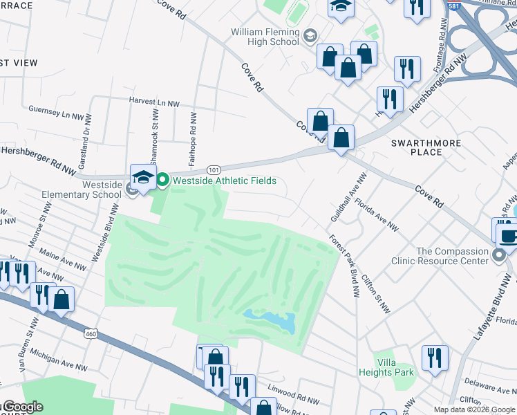 map of restaurants, bars, coffee shops, grocery stores, and more near 3349 Kershaw Road Northwest in Roanoke