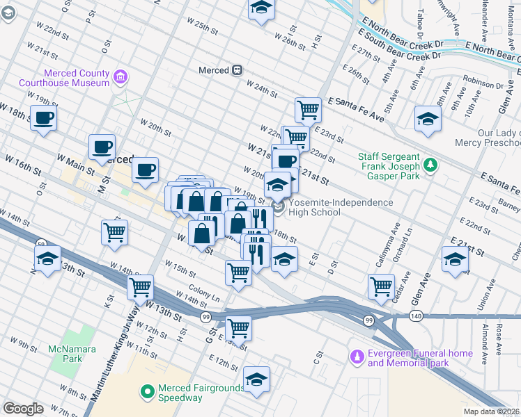 map of restaurants, bars, coffee shops, grocery stores, and more near 22 West 19th Street in Merced