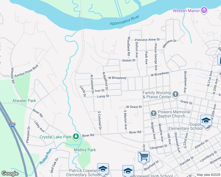 map of restaurants, bars, coffee shops, grocery stores, and more near 3313 Ivor Street in Hopewell