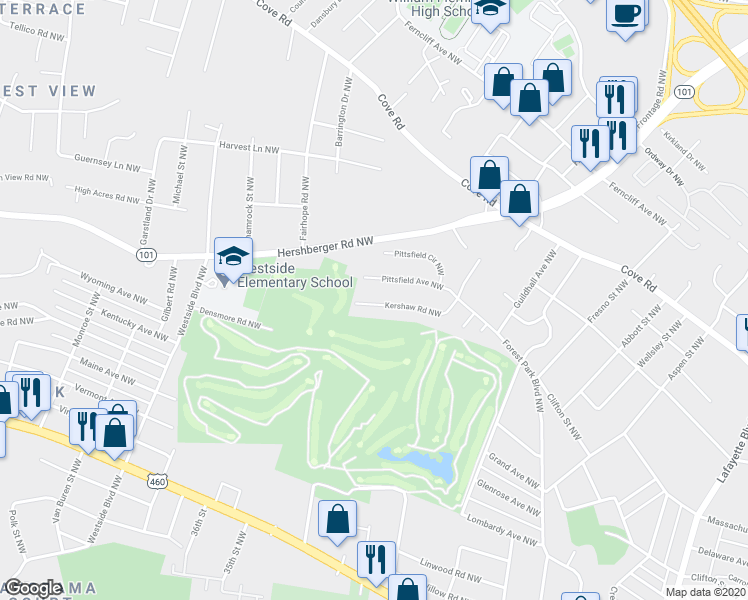 map of restaurants, bars, coffee shops, grocery stores, and more near 3419 Kershaw Road Northwest in Roanoke