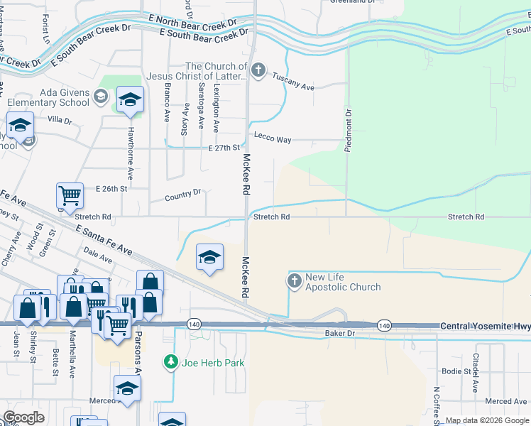 map of restaurants, bars, coffee shops, grocery stores, and more near 2275 Stretch Road in Merced