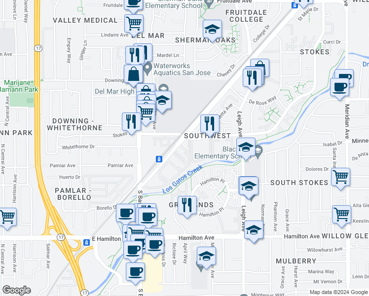 map of restaurants, bars, coffee shops, grocery stores, and more near 2020 Southwest Expressway in San Jose