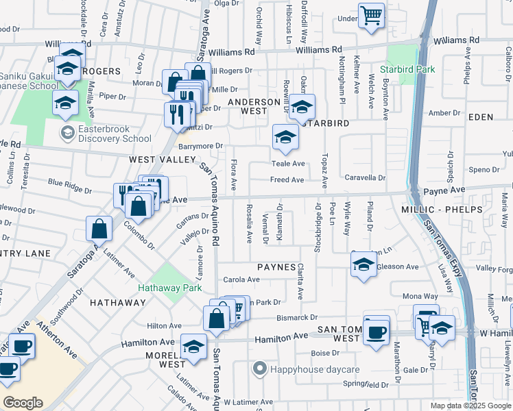 map of restaurants, bars, coffee shops, grocery stores, and more near 1310 Rosalia Avenue in San Jose