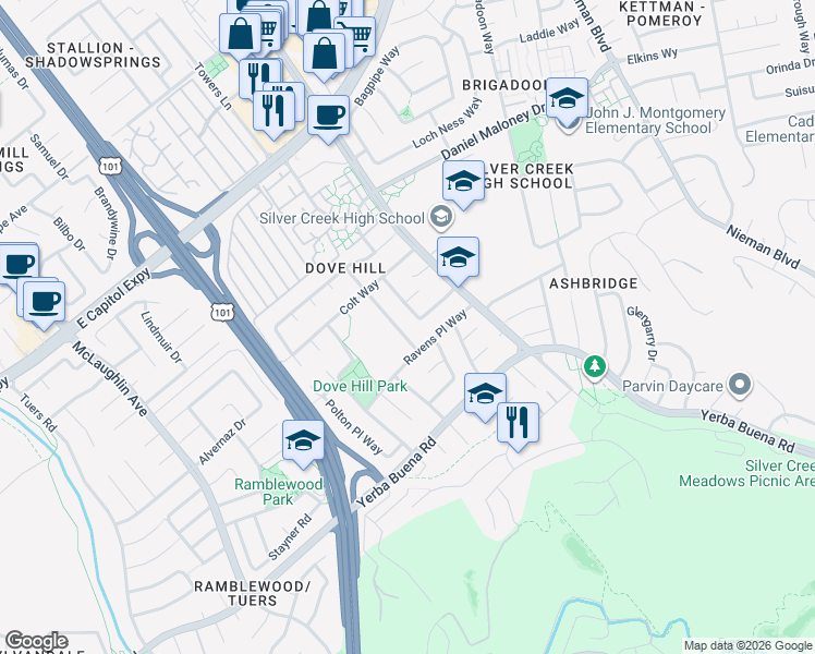 map of restaurants, bars, coffee shops, grocery stores, and more near 3742 Carick Place Way in San Jose