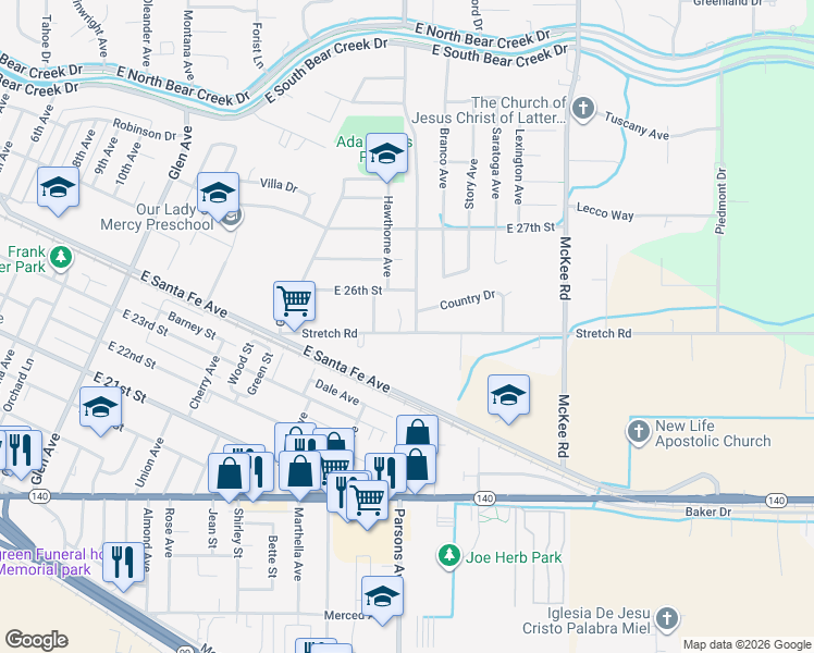 map of restaurants, bars, coffee shops, grocery stores, and more near 1777 Stretch Road in Merced