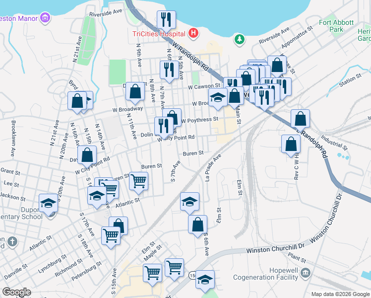 map of restaurants, bars, coffee shops, grocery stores, and more near 108 South 5th Avenue in Hopewell