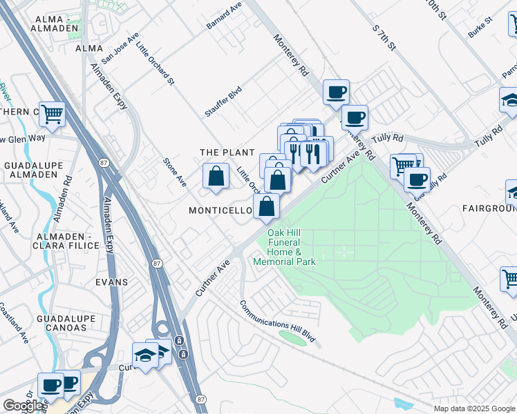 map of restaurants, bars, coffee shops, grocery stores, and more near 279 Monticello Avenue in San Jose