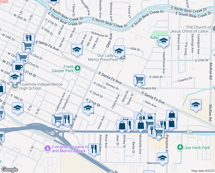 map of restaurants, bars, coffee shops, grocery stores, and more near 958 Barney Street in Merced