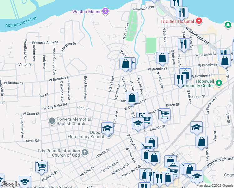 map of restaurants, bars, coffee shops, grocery stores, and more near 2000 Dolin Street in Hopewell