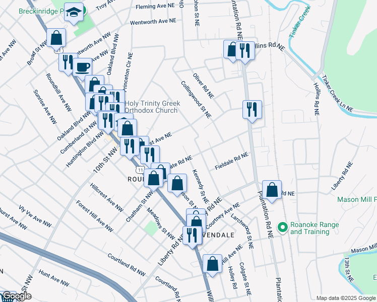 map of restaurants, bars, coffee shops, grocery stores, and more near 3011 Kennedy Street Northeast in Roanoke