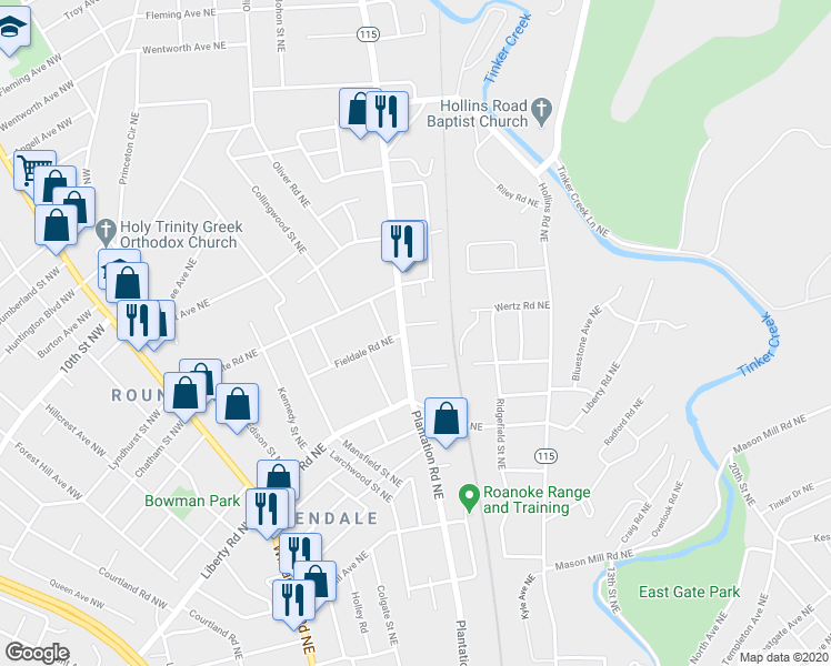map of restaurants, bars, coffee shops, grocery stores, and more near 2727 Plantation Road Northeast in Roanoke