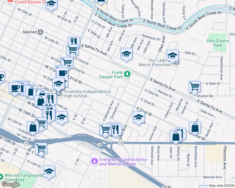 map of restaurants, bars, coffee shops, grocery stores, and more near 2120 Calimyrna Avenue in Merced