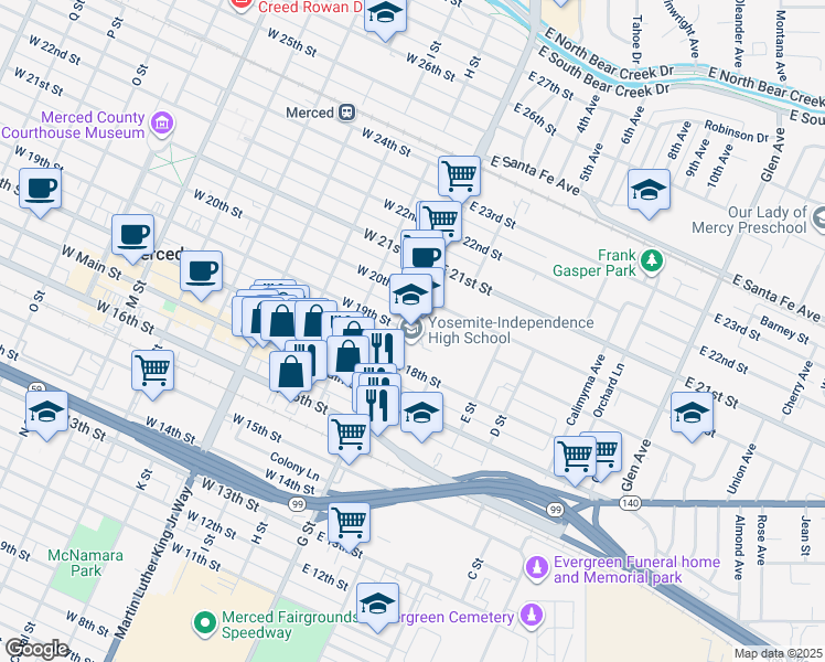 map of restaurants, bars, coffee shops, grocery stores, and more near 1900 G Street in Merced