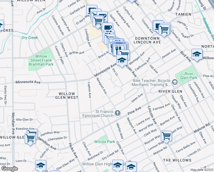 map of restaurants, bars, coffee shops, grocery stores, and more near 1486 Newport Avenue in San Jose
