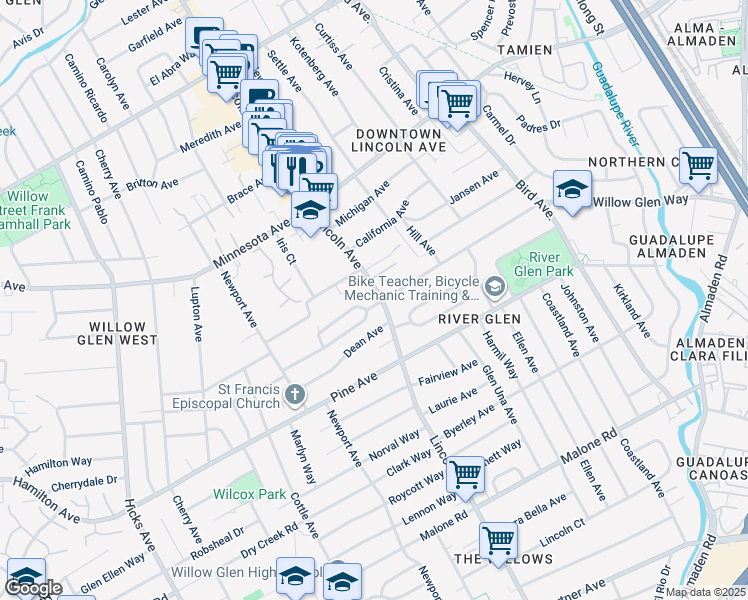 map of restaurants, bars, coffee shops, grocery stores, and more near 1595 Lincoln Avenue in San Jose