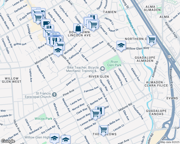 map of restaurants, bars, coffee shops, grocery stores, and more near 994 Louise Avenue in San Jose