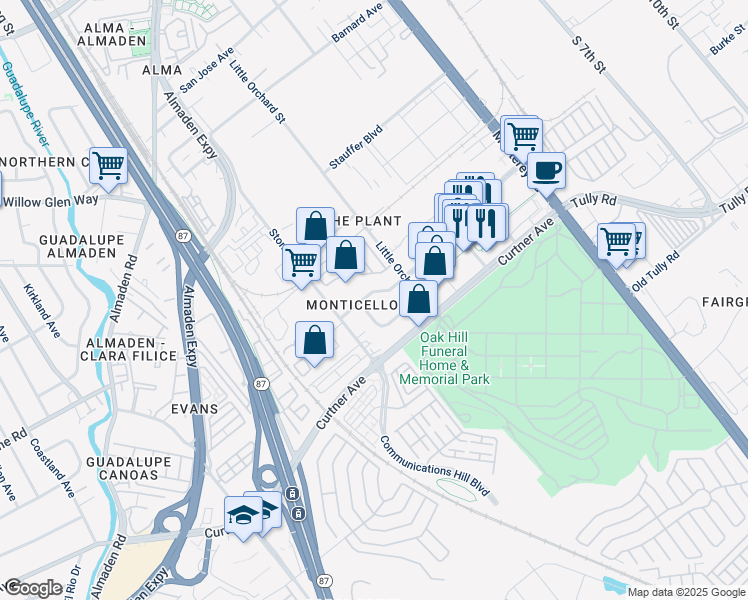map of restaurants, bars, coffee shops, grocery stores, and more near 348 Perrymont Avenue in San Jose