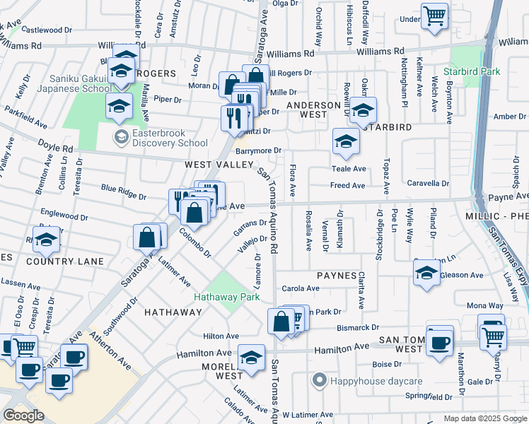 map of restaurants, bars, coffee shops, grocery stores, and more near Petunia Court in San Jose