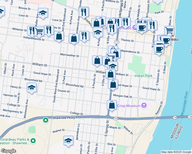map of restaurants, bars, coffee shops, grocery stores, and more near 224 South Pacific Street in Cape Girardeau